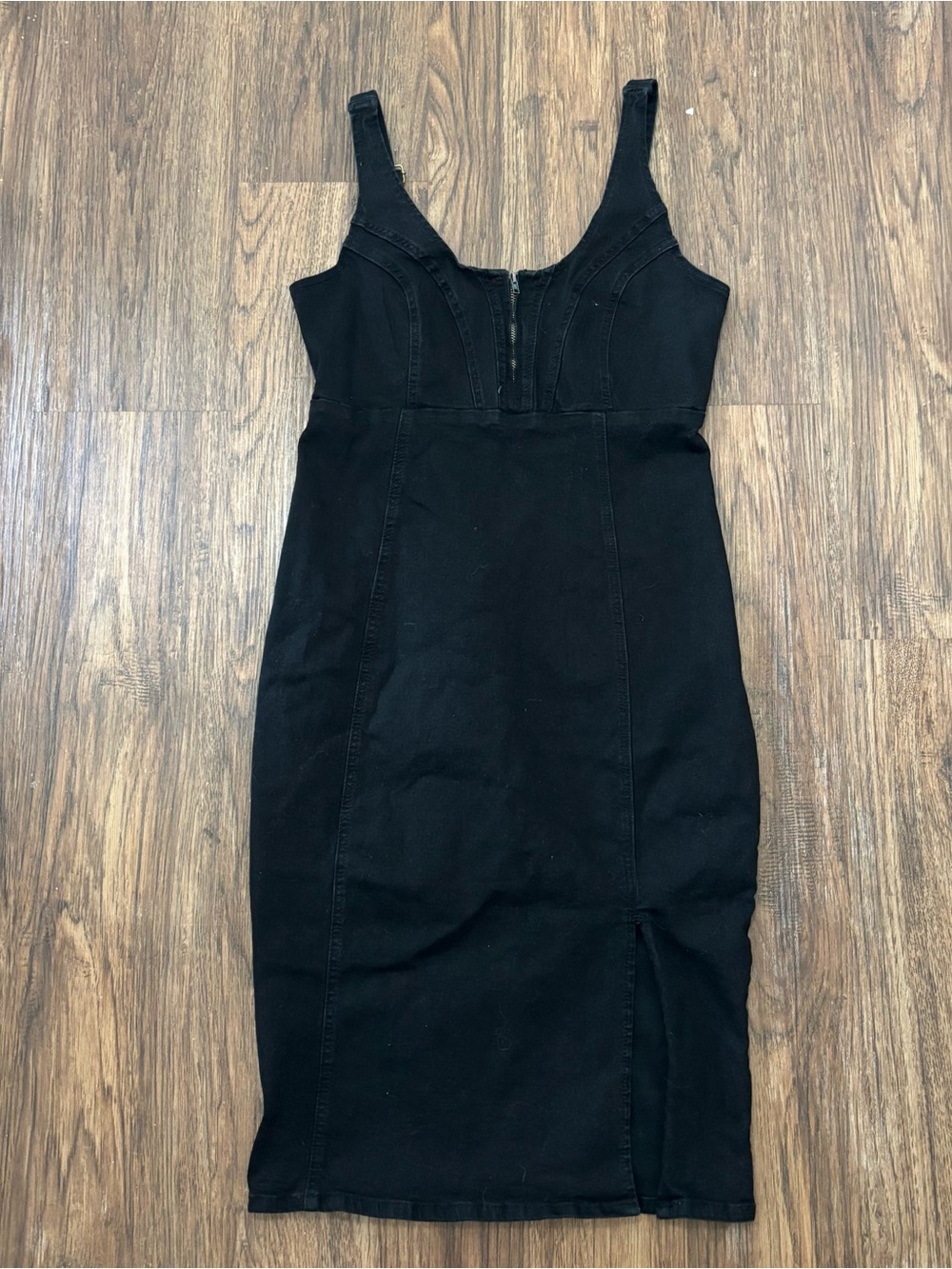 Black Denim Corset Bodycon Midi Dress Adjustable Straps Size L
